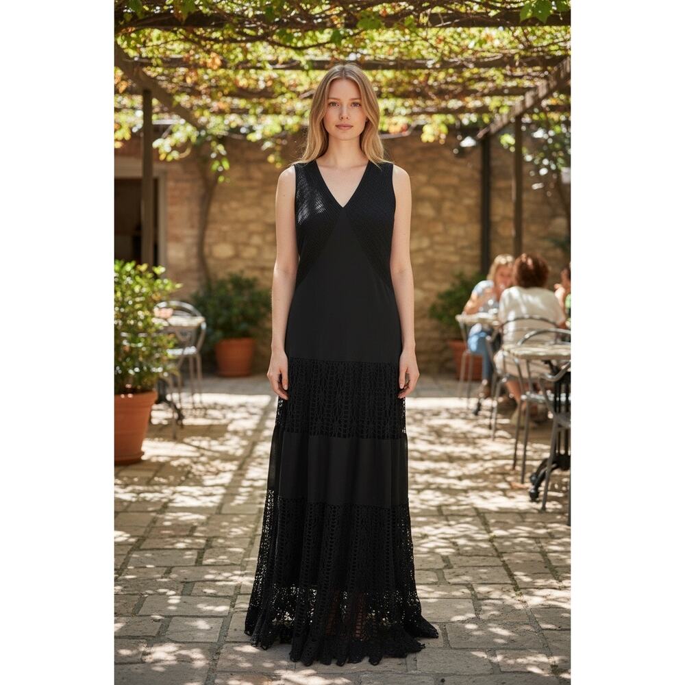 VTG Y2K Black Cotton Boho Maxi Dress Medium Smocked Crochet Knit Slip Casual